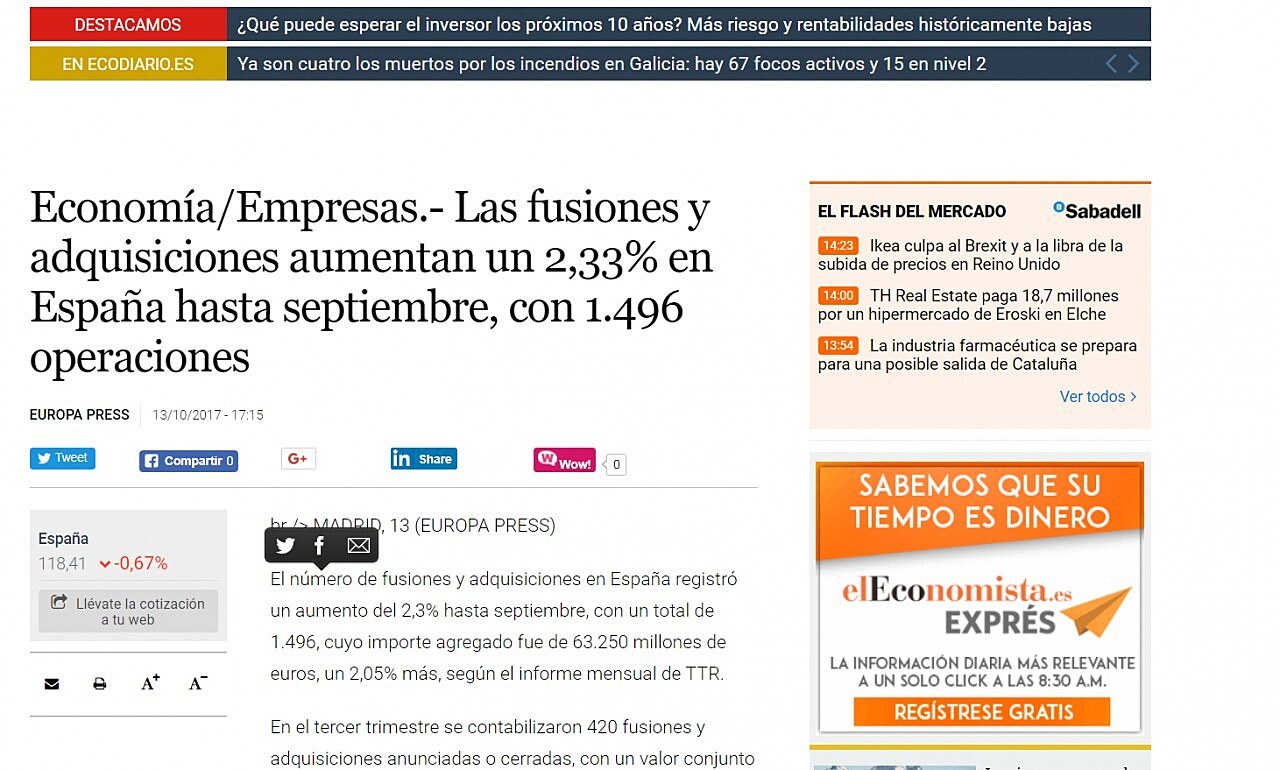 Las fusiones y adquisiciones aumentan un 2,33% en Espaa hasta septiembre, con 1.496 operaciones